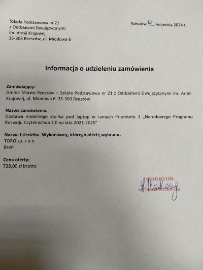 Informacja o udzieleniu zam&oacute;wienia